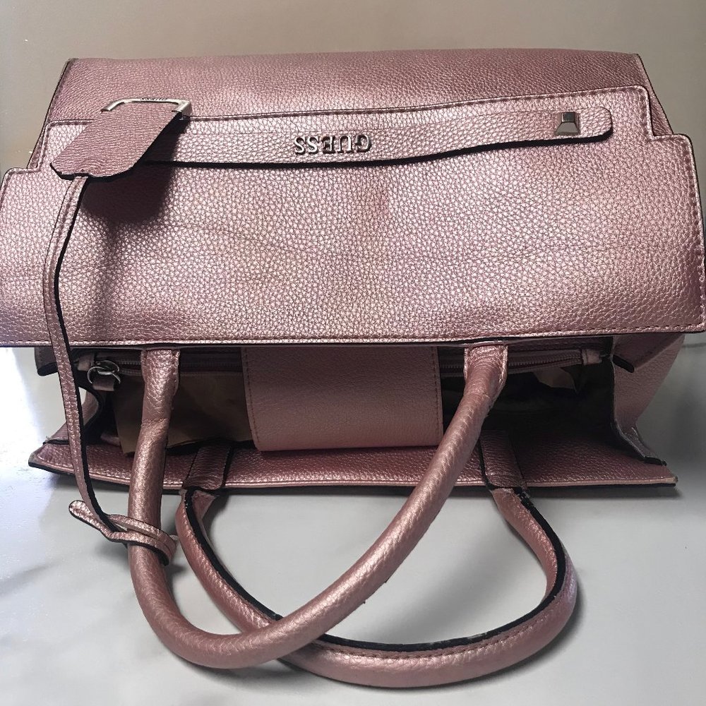 GUESS METALLIC PINK FAUX LEATHER SATCHEL BAG - Picture 7 of 13